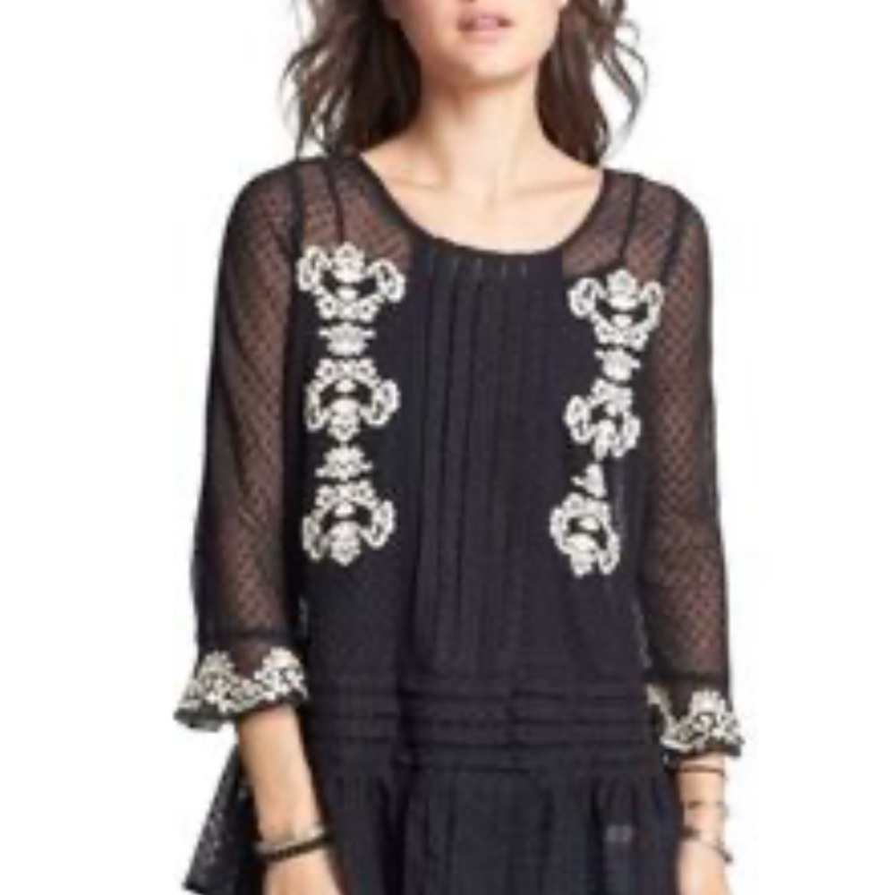 Free People Boho Black Sheer Blouse with White Embroidery Bell Sleeves